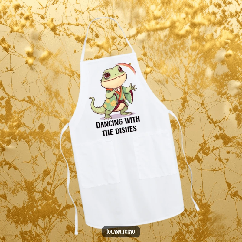 Funny Iguana Apron: Iguana in a festive kimono dancing with joyful steps, ideal for adding celebration to cooking.