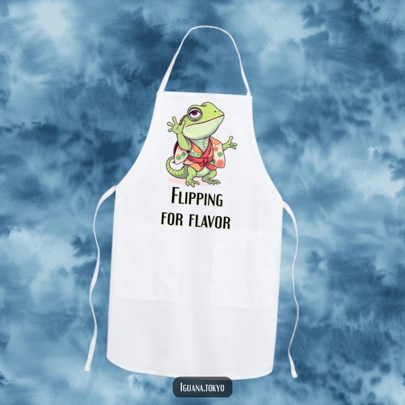 Funny Apron showing a playful iguana in a colorful kimono, attempting a handstand while cooking, bringing energetic humor to the kitchen.