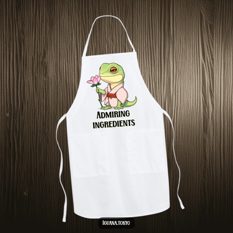 Funny apron featuring an iguana character in a kimono, curiously examining a flower, ideal for gardening or cooking.