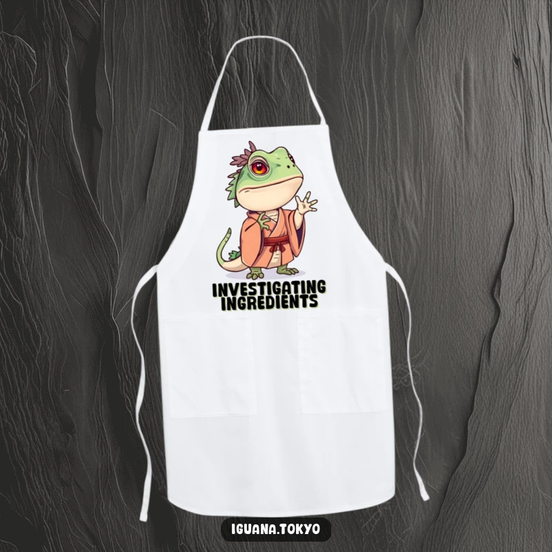 Funny apron featuring an iguana character in a kimono striking a curious pose, ideal for cooking and culinary contemplation.