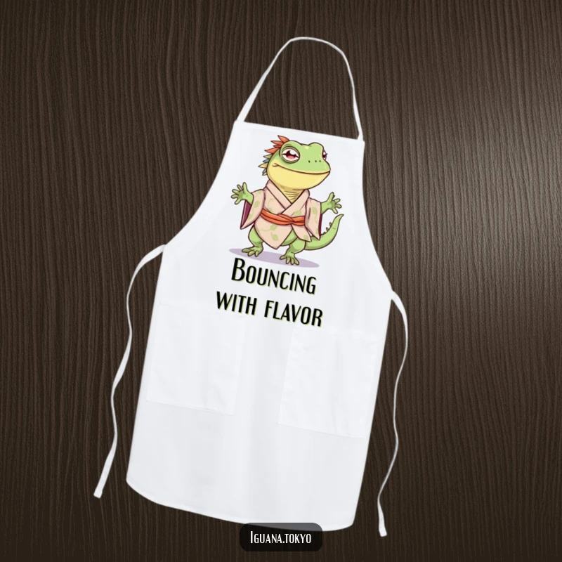 Funny apron featuring an iguana character in a kimono, joyfully doing a little happy hop, ideal for cooking.