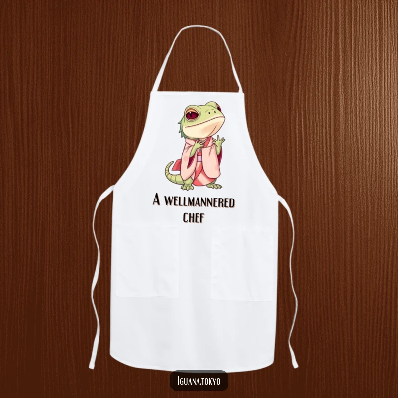 Funny Apron showing an iguana in an elegant kimono, performing a graceful bow while cooking, adding refined humor to the kitchen.