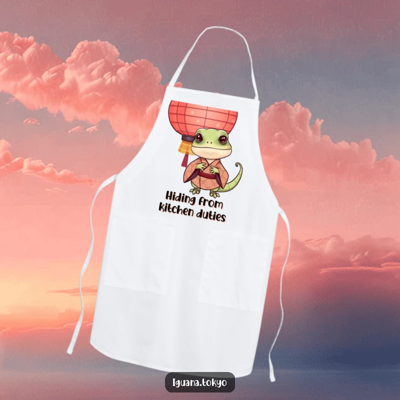 Funny Iguana Apron: Cute iguana in a kimono playfully peeking behind a paper lantern, ideal for kitchen fun while cooking.