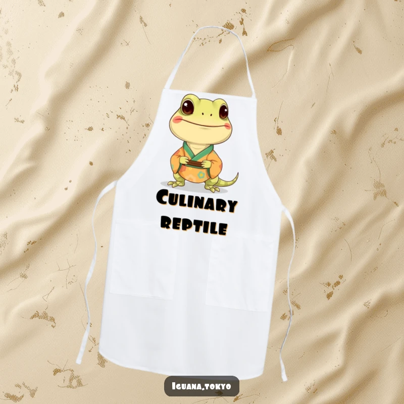 Funny apron with a stylish, smiling iguana character wearing a colorful kimono, ideal for cooking and baking.