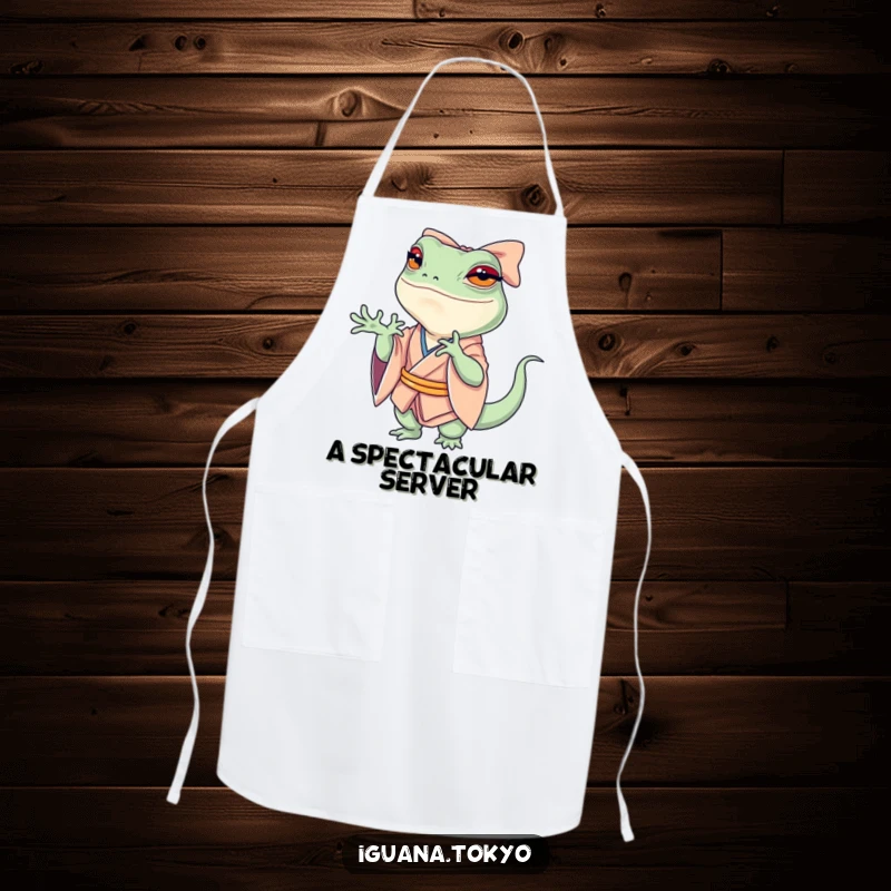 Funny Apron showing a petite iguana in a kimono, performing a dramatic, swooshing bow while cooking, bringing theatrical humor to the kitchen.