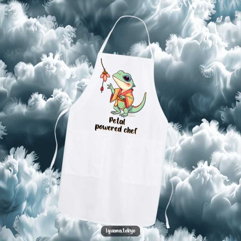 Funny Iguana Apron: Colorful iguana in a kimono playfully batting at a flower, ideal for adding fun to cooking.