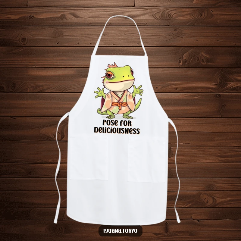 Funny Iguana Apron: Iguana in a kimono striking a playful, curious pose, ideal for adding fun to cooking.