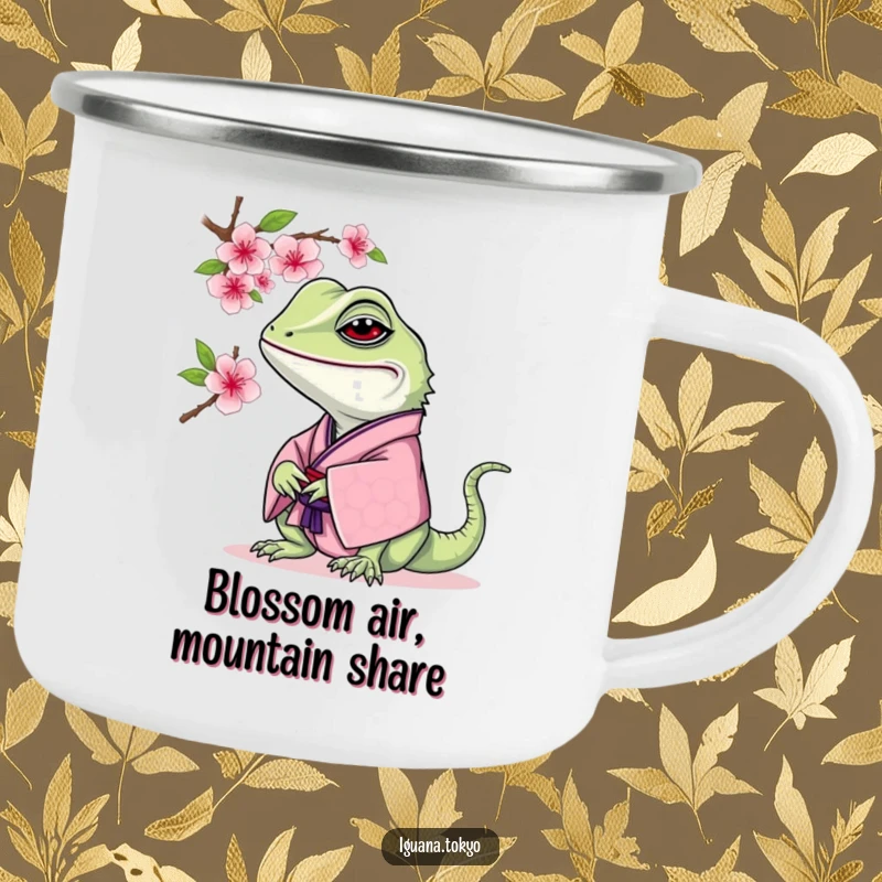Funny Iguana Camping Mug: Durable mug featuring an iguana in a traditional kimono curiously sniffing a cherry blossom, great for camping.