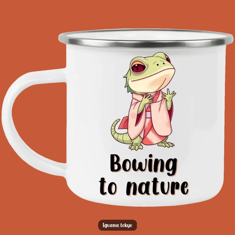 Funny Iguana Bowing Camping Mug: Elegant Sips on Outdoor Adventures