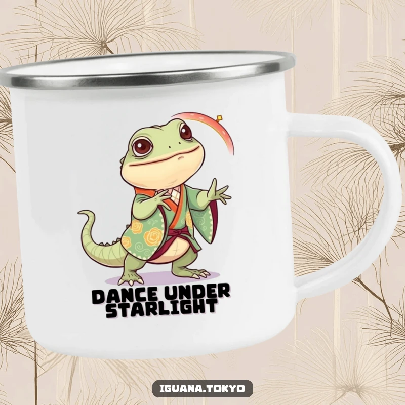 Funny Iguana Camping Mug: Durable mug featuring an iguana in a festive kimono joyfully dancing, perfect for outdoor celebrations.