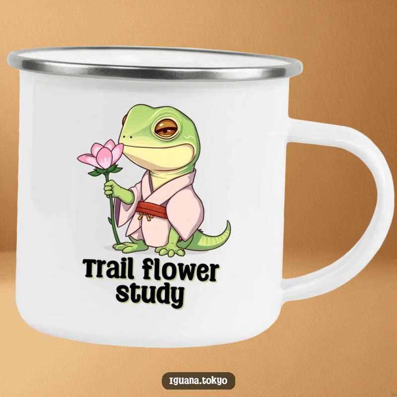 Funny camping mug featuring an iguana character in a kimono, curiously examining a flower, ready for nature adventures.