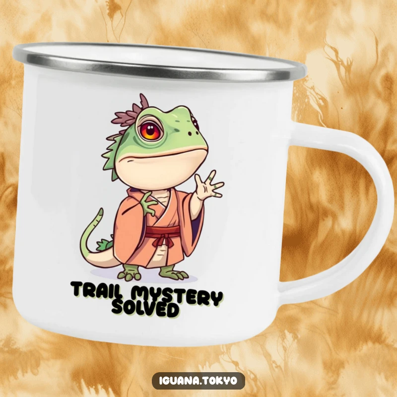 Funny camping mug featuring an iguana character in a kimono striking a curious pose, ready for thoughtful adventures.