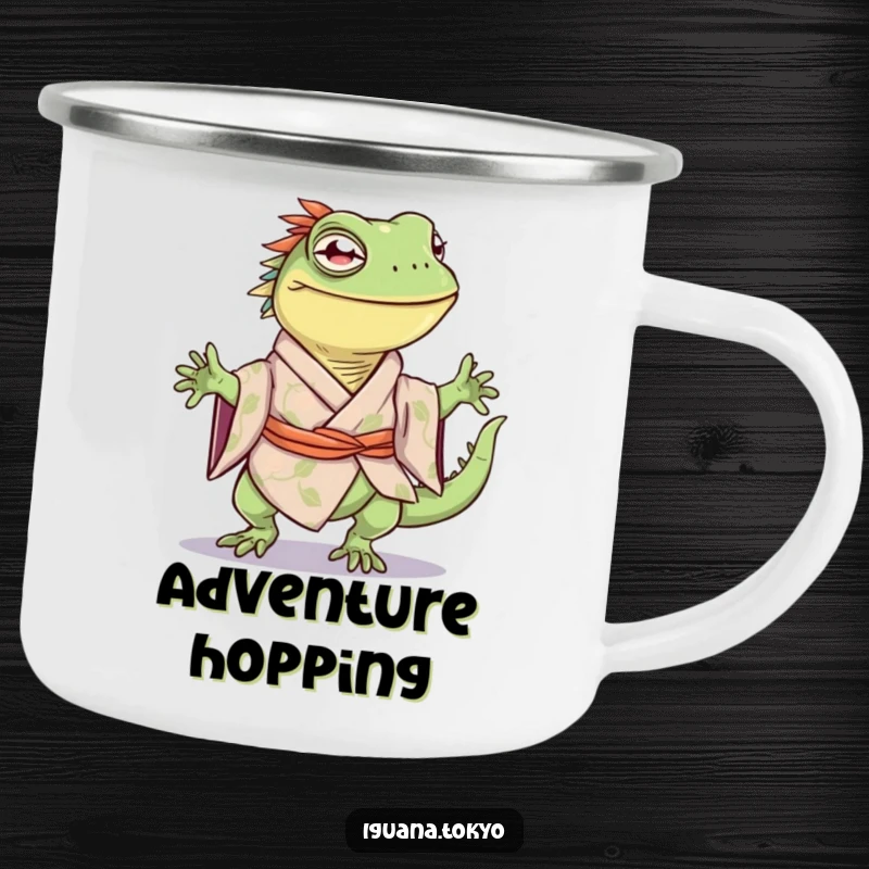 Funny camping mug featuring an iguana character in a kimono, joyfully doing a happy little hop, ready for adventures.