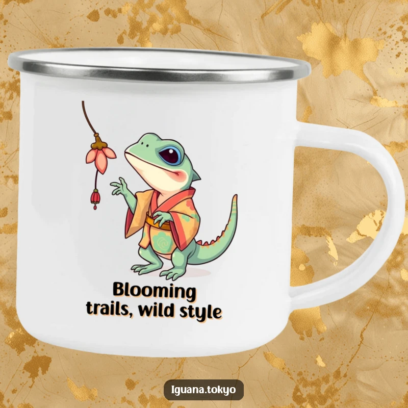 Funny Iguana Camping Mug: Durable mug featuring a colorful iguana in a kimono playfully batting at a flower, ideal for camping.
