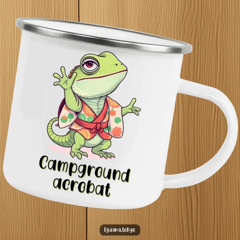Funny Camping Mug featuring a playful iguana in a colorful kimono, attempting a handstand, ready for energetic outdoor fun.