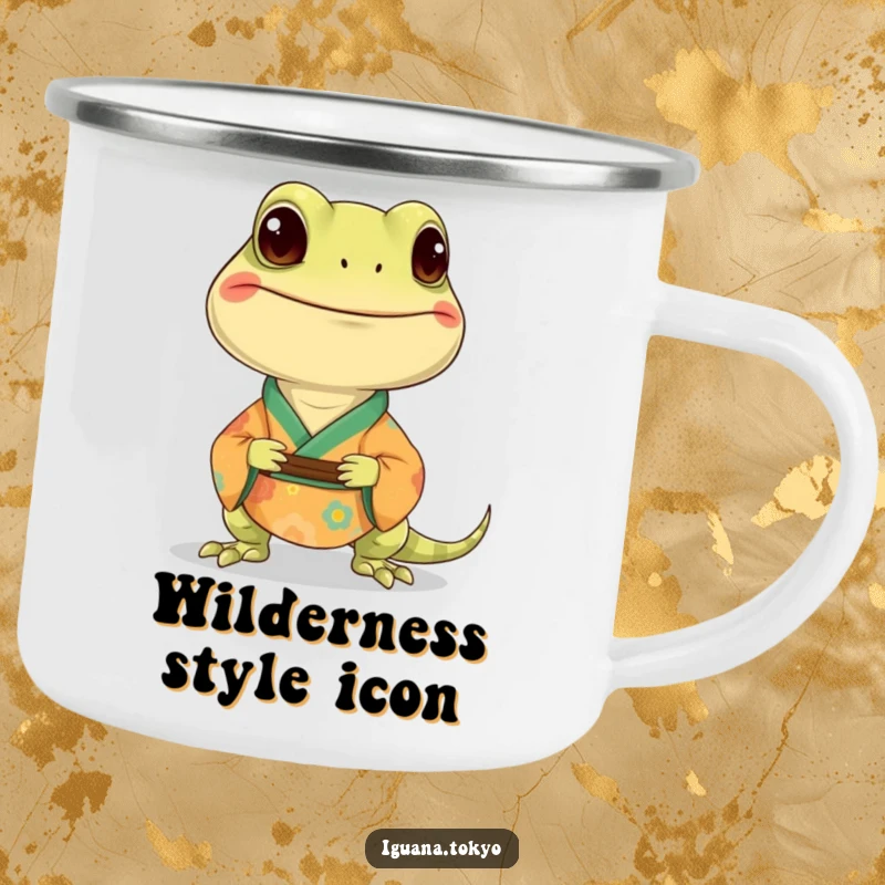 Funny camping mug featuring a smiling iguana wearing a colorful kimono, ready for any outdoor adventure.