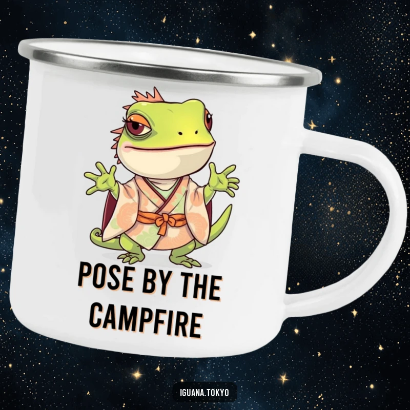 Funny Iguana Camping Mug: Durable mug featuring an iguana in a kimono striking a playful, curious pose, great for camping.