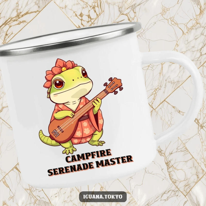 Funny Camping Mug with a cute iguana in a kimono playing a shamisen, ready for outdoor adventures and good times.