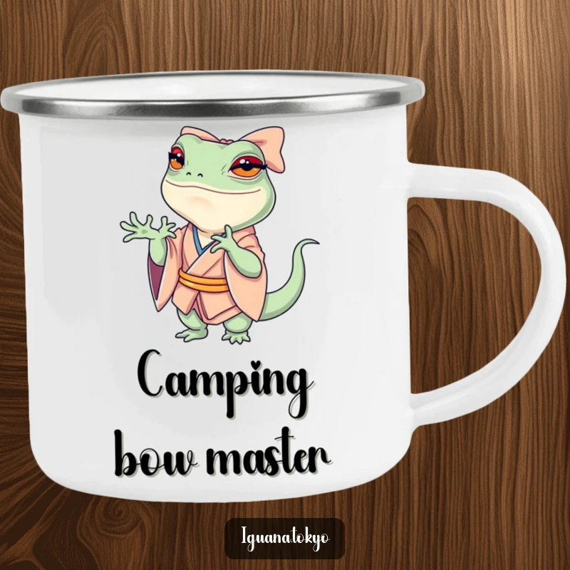 Funny Camping Mug featuring a petite iguana in a kimono, performing a dramatic, swooshing bow, ready for adventurous flair.