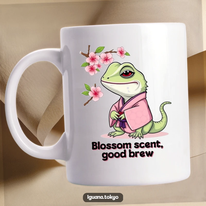 Funny Iguana Mug: Iguana in a traditional kimono curiously sniffing a delicate cherry blossom, exuding peacefulness.