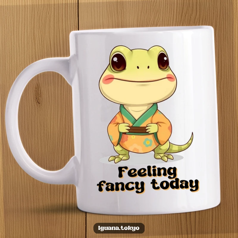 Funny mug featuring a smiling iguana character dressed in a vibrant, small kimono, looking happy and stylish.