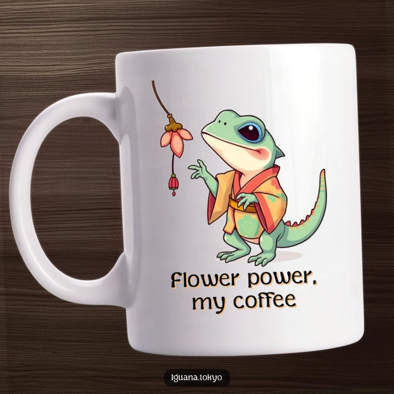 Funny Iguana Mug: Colorful iguana in a bright kimono playfully swatting at a delicate dangling flower with its paw.