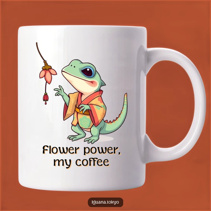 Funny Iguana Flower Batting Mug: Playful Kimono Action, Unique Funny Gift