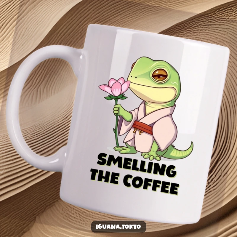 Funny mug featuring an iguana character in a kimono, curiously inspecting a delicate flower with fascination.