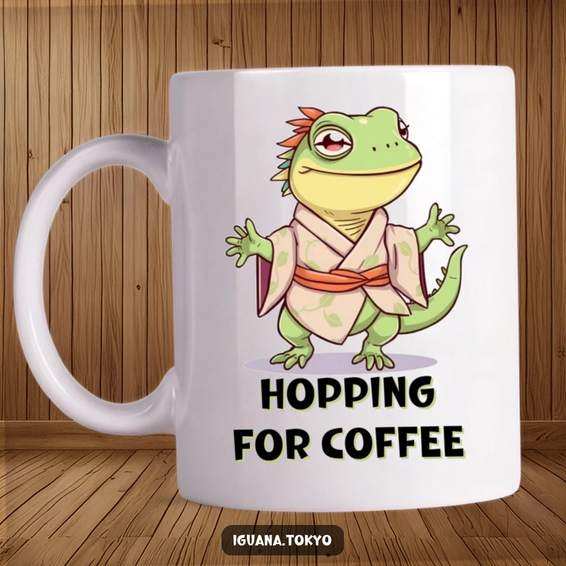 Funny mug featuring an iguana character in a kimono, captured mid-happy hop with a joyful expression.