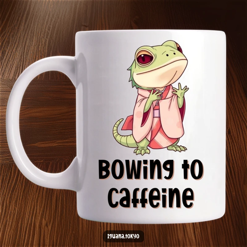 Funny Mug showcasing an iguana in an elegant kimono, performing a graceful and respectful bow with a serene expression.