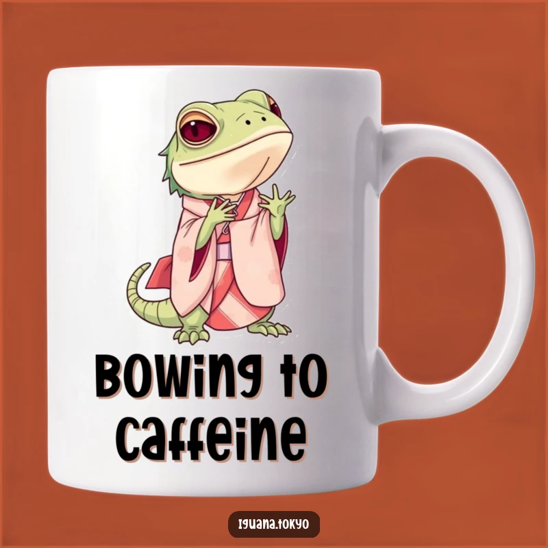 Funny Iguana Bowing Mug: Elegant Humor for a Gracious Gift