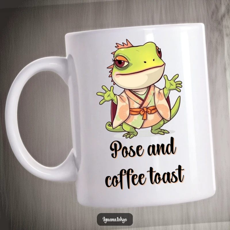 Funny Iguana Mug: Iguana in a kimono striking a playful and curious pose, showing off its unique style.
