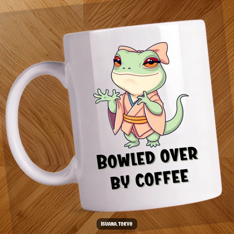 Funny Mug showcasing a petite iguana in a kimono, performing a dramatic, swooshing bow with exaggerated flair and a comical expression.