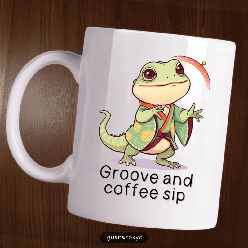 Funny Iguana Mug: Iguana in a festive kimono joyfully practicing a dance step, full of energy and fun.