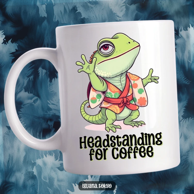 Funny Mug showcasing a playful iguana in a colorful kimono, energetically attempting a wobbly handstand with a determined, amusing expression.