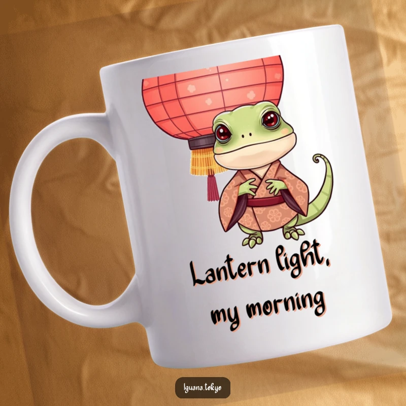 Funny Iguana Mug: Adorable iguana in a patterned kimono peeking playfully behind a traditional paper lantern.