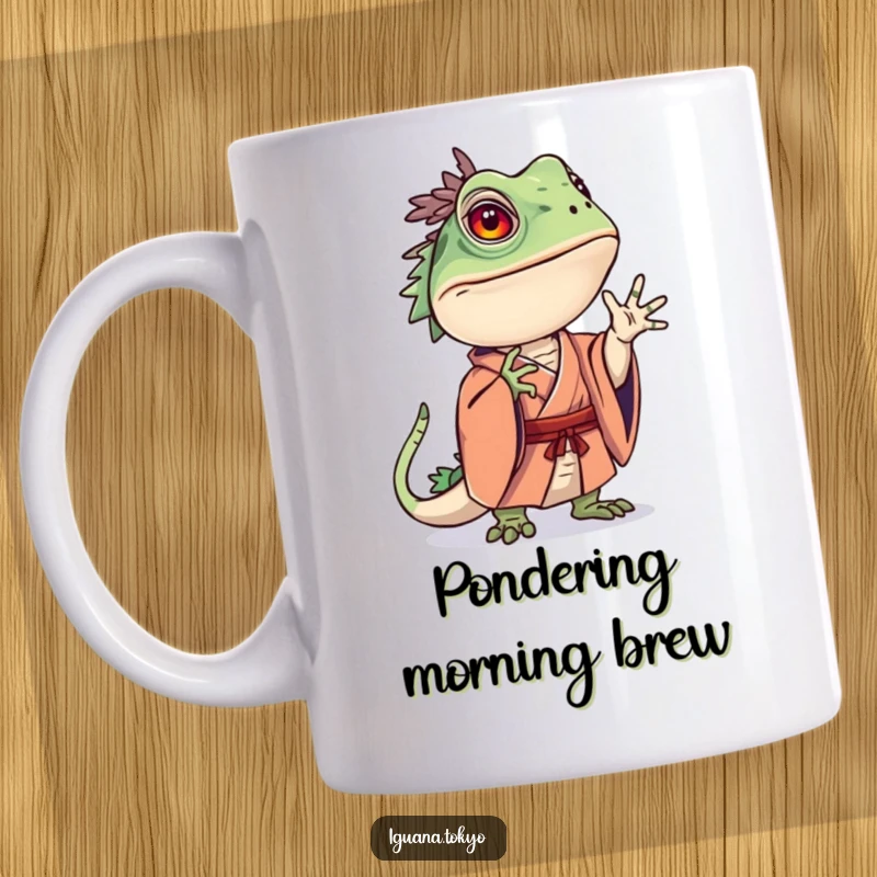 Funny mug showing an iguana character in a kimono, striking a peculiar and curious pose with an inquisitive expression.