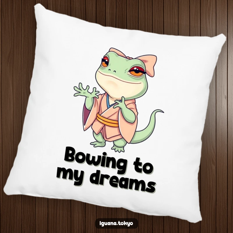 Funny Pillow featuring a petite iguana in a kimono, performing a dramatic, swooshing bow, offering comfort and a touch of theatrical humor.