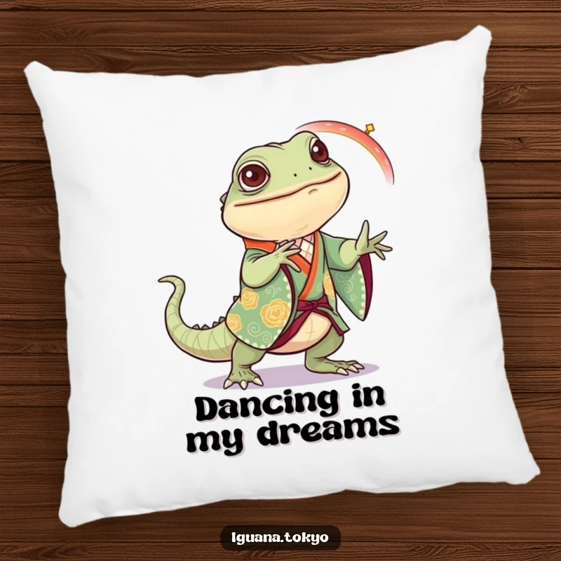 Funny Iguana Pillow: Soft pillow featuring an iguana in a festive kimono joyfully practicing a dance step, perfect for adding cheer.