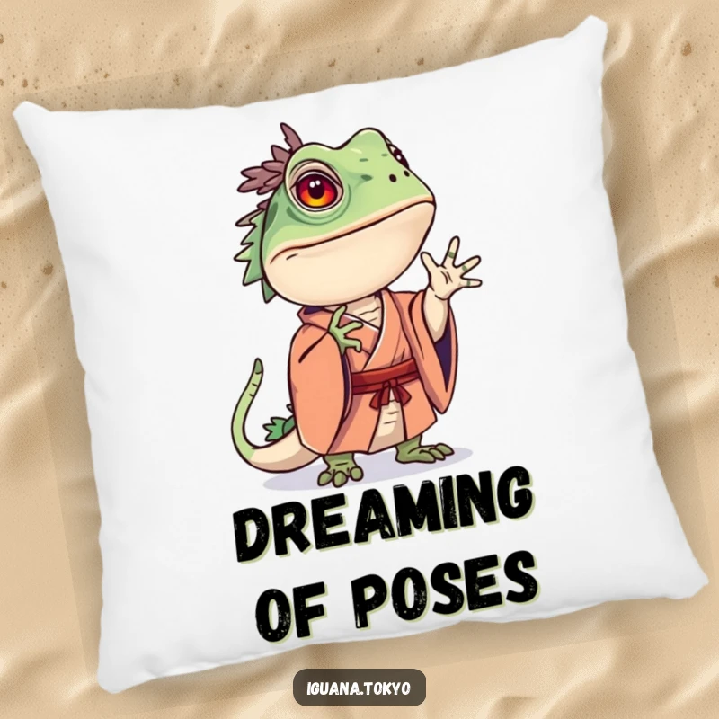 Funny pillow featuring an iguana character in a kimono striking a curious pose, perfect for relaxation and thought.