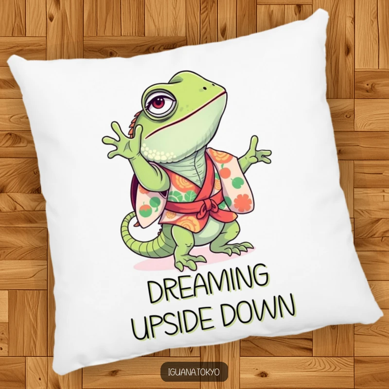 Funny Pillow featuring a playful iguana in a colorful kimono, attempting a handstand, offering comfort and a touch of playful humor.