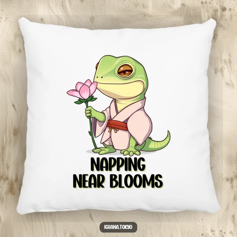 Funny pillow featuring an iguana character in a kimono, curiously examining a flower, perfect for relaxation.