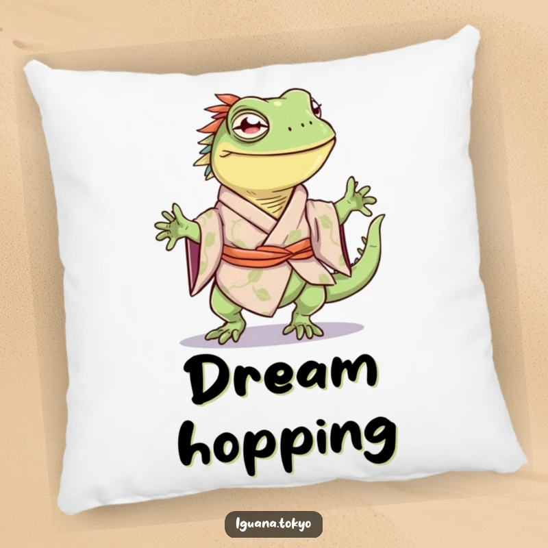 Funny pillow featuring an iguana character in a kimono, joyfully doing a happy little hop, perfect for comfort.