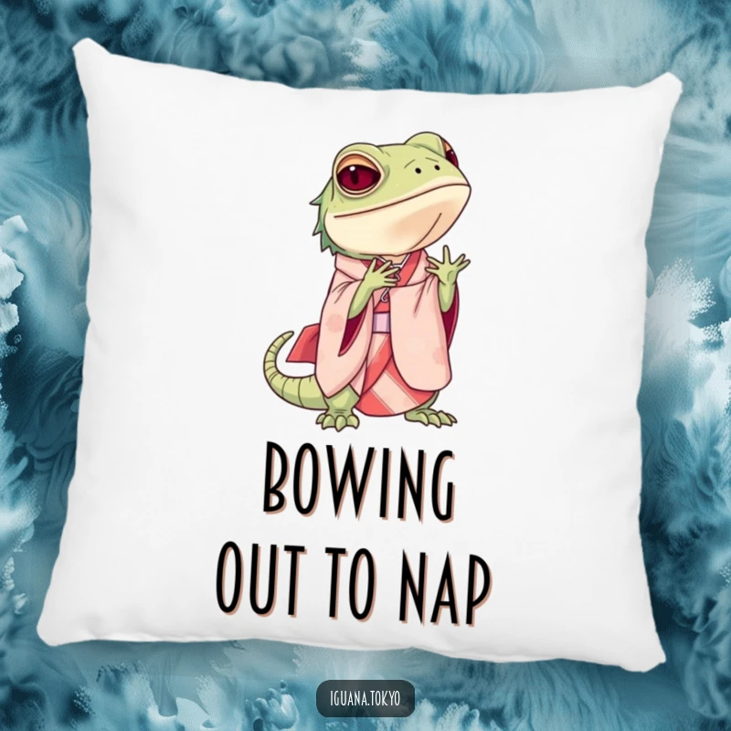 Funny Pillow featuring an iguana in an elegant kimono, performing a graceful bow, offering comfort and a touch of sophisticated humor.