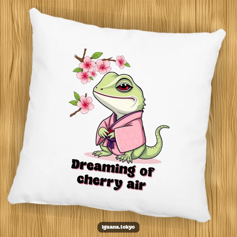 Funny Iguana Pillow: Soft pillow featuring an iguana in a traditional kimono curiously sniffing a cherry blossom, perfect for relaxation.