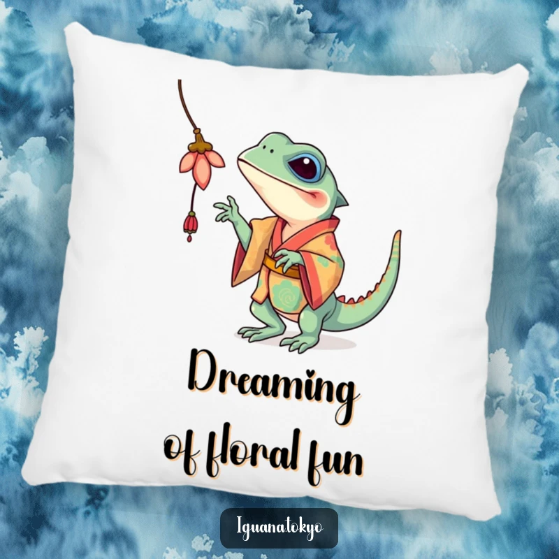 Funny Iguana Pillow: Soft pillow featuring a colorful iguana in a kimono playfully batting at a flower, perfect for any couch.