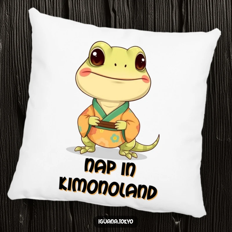 Funny pillow featuring a smiling iguana wearing a colorful kimono, perfect for decoration and comfortable lounging.