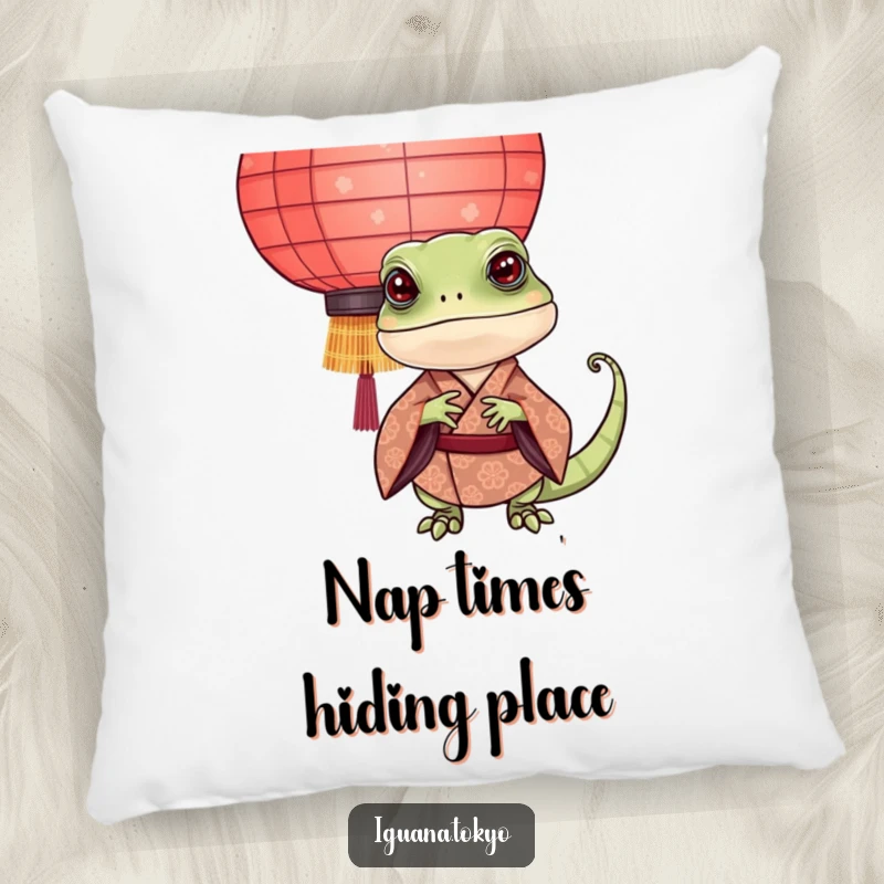 Funny Iguana Pillow: Soft cushion featuring an iguana in a patterned kimono peeking playfully from behind a decorative paper lantern.