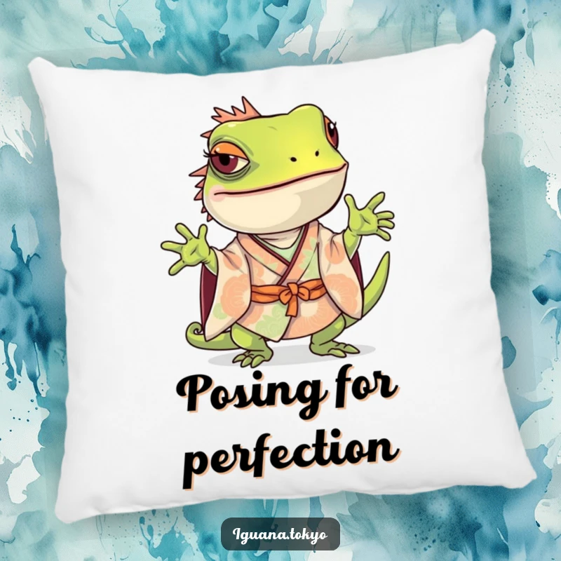 Funny Iguana Pillow: Soft pillow featuring an iguana in a kimono striking a playful and curious pose, perfect for adding character.