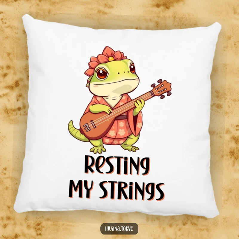 Funny Pillow showcasing a cute iguana in a kimono, elegantly playing a shamisen, offering comfort and a touch of whimsy.